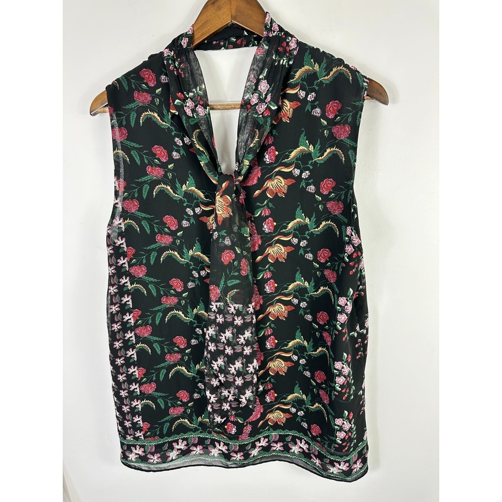 Max Studio Blouse Women‎ Large Black Floral Tie Neck Sleeveless Chiffon Romantic